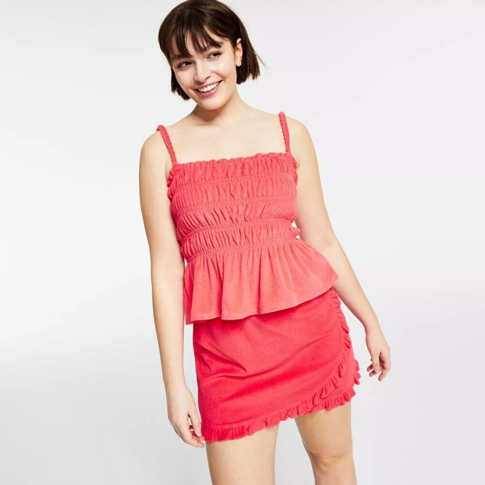 New Bar III Pink Terry Ruffled Skirt Top Set Size L